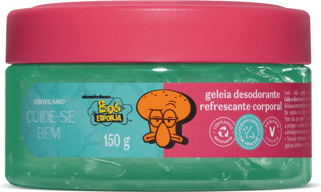 Pote transparente com gel verde, tampa rosa e rótulo na cor rosa e azul com ilustração do personagem Lula Molusco contendo 150g de geleia desodorante refrescante corporal da marca Cuide-se Bem Bob Esponja e Amigos.