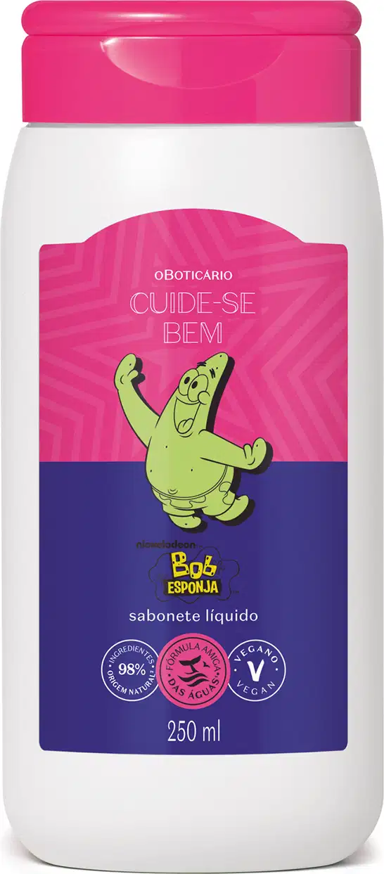 Frasco branco com tampa rosa e rótulo na cor rosa e azul com ilustração do personagem Patrick Estrela contendo 250ml de sabonete líquido corporal da marca Cuide-se Bem Bob Esponja e Amigos.