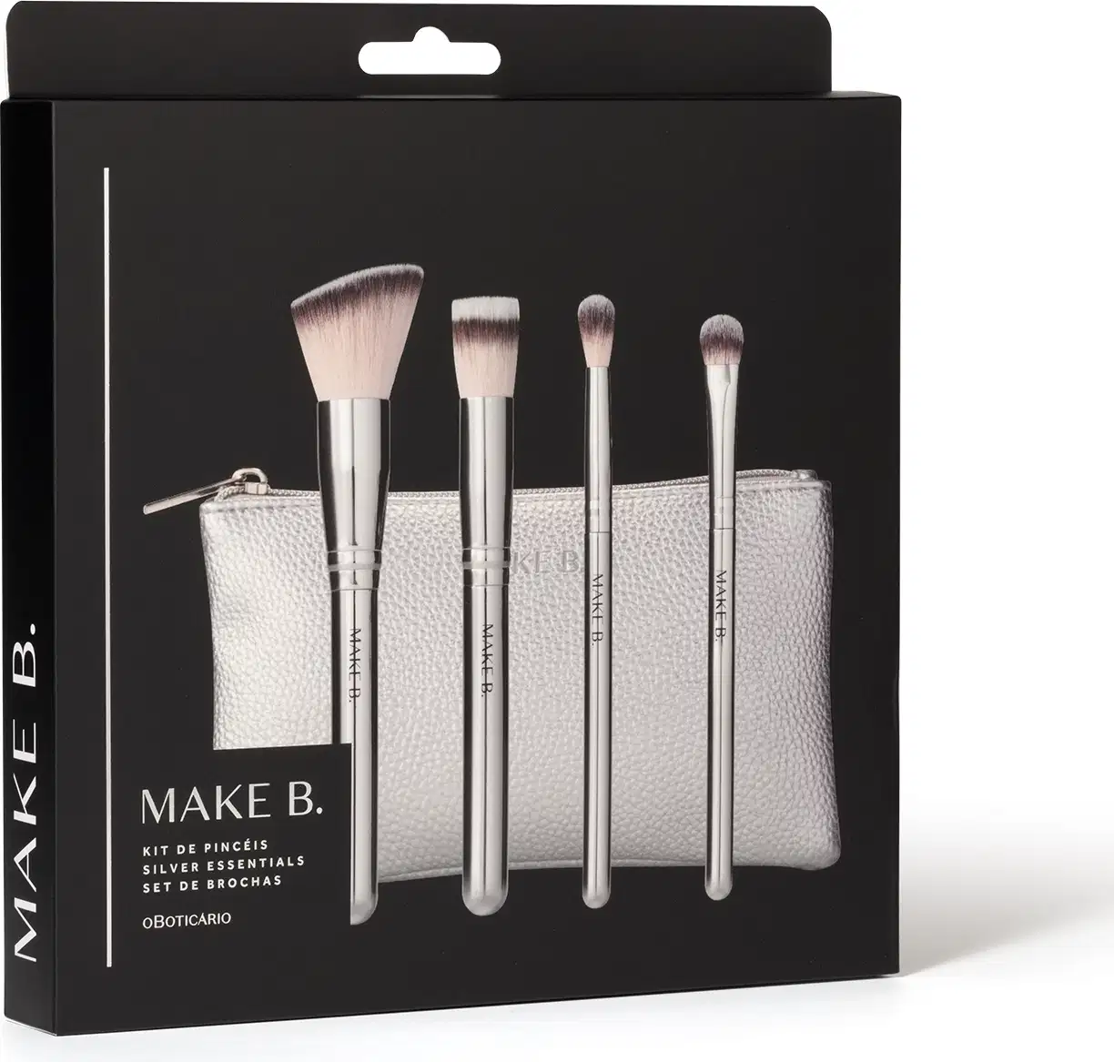 Kit de pincéis de maquiagem Make B. Silver Essentials em embalagem preta contendo um estojo prateado e quatro pincéis com cabos prateados e ponta de cerdas bicolores e macias. O nome da marca está gravada em todos os itens.