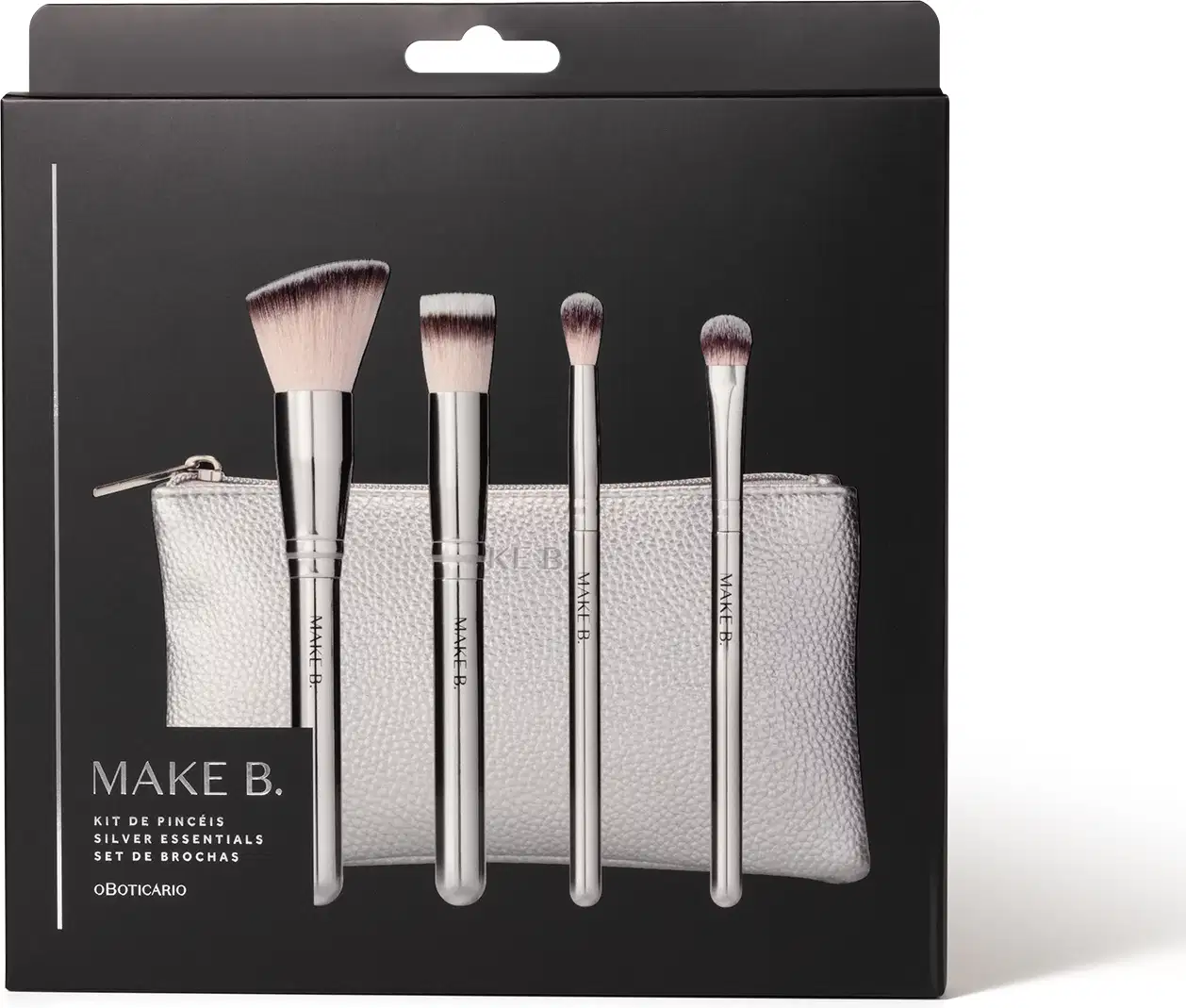 Kit de pincéis de maquiagem Make B. Silver Essentials em embalagem preta contendo um estojo prateado e quatro pincéis com cabos prateados e ponta de cerdas bicolores e macias. O nome da marca está gravada em todos os itens.