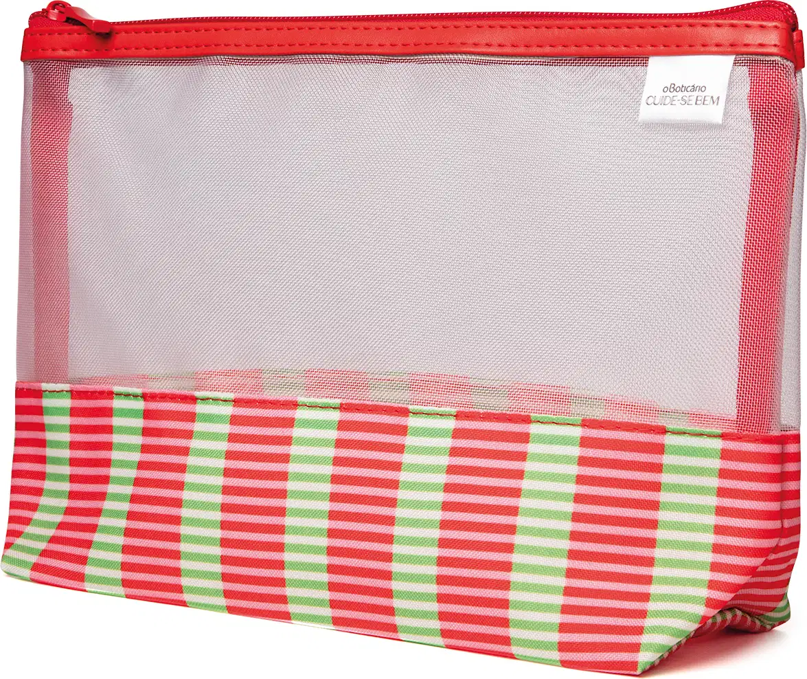 Nécessaire Cuide-se Bem Feira com a parte superior transparente, de telinha branca, e parte inferior listrada de rosa e branco. Possui zíper para fechamento e etiqueta com a marca O Boticário Cuide-se Bem.