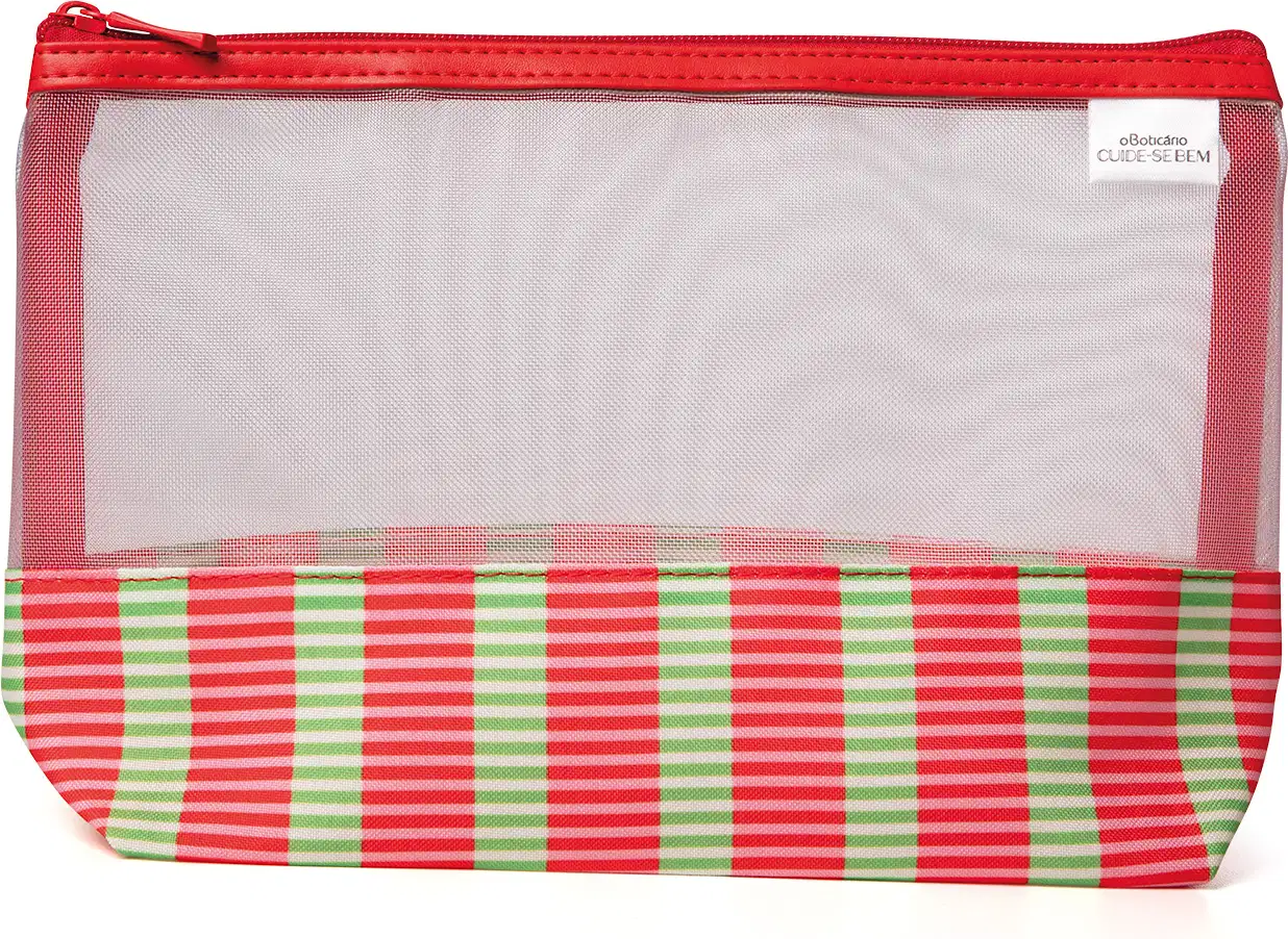 Nécessaire Cuide-se Bem Feira com a parte superior transparente, de telinha branca, e parte inferior listrada de rosa e branco. Possui zíper para fechamento e etiqueta com a marca O Boticário Cuide-se Bem.