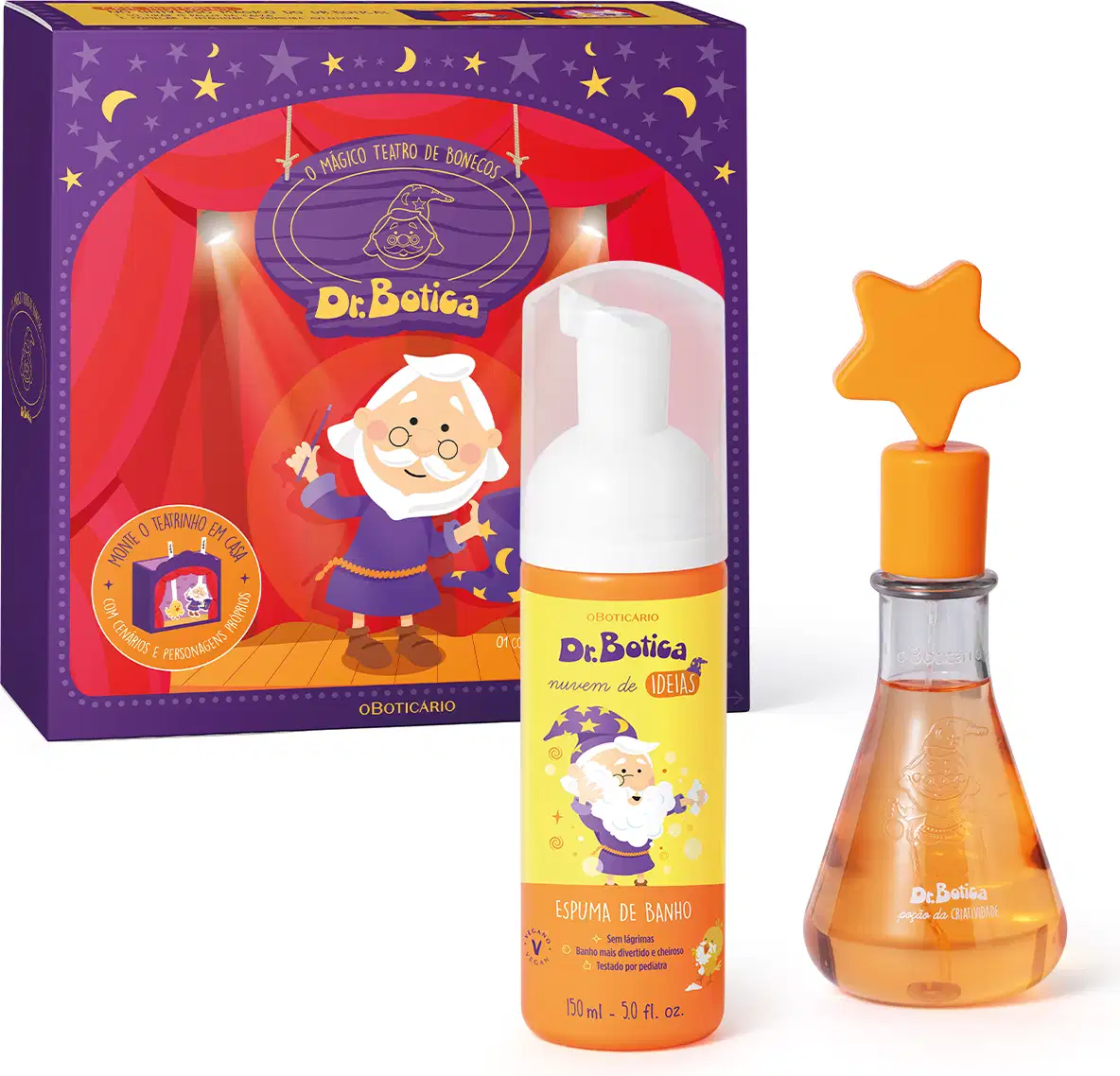 Kit  Dr. Botica contendo caixa de presente com personagem da marca, frasco com válvula spray e rótulo amarelo e laranja também com o personagem da marca e frasco com líquido laranja e estrela laranja na conta de colônia infantil Poção da Criatividade.