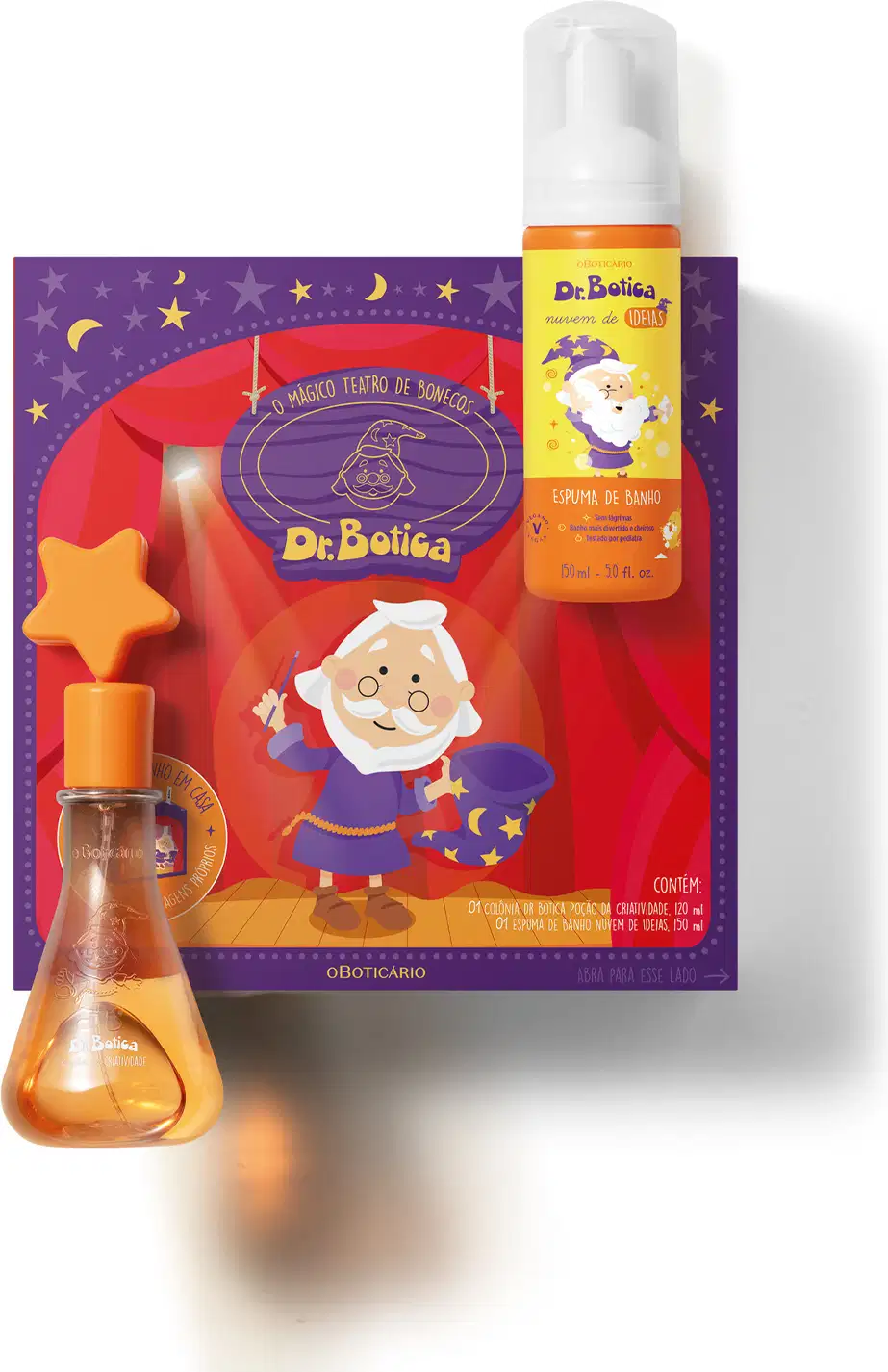 Kit  Dr. Botica contendo caixa de presente com personagem da marca, frasco com válvula spray e rótulo amarelo e laranja também com o personagem da marca e frasco com líquido laranja e estrela laranja na conta de colônia infantil Poção da Criatividade.