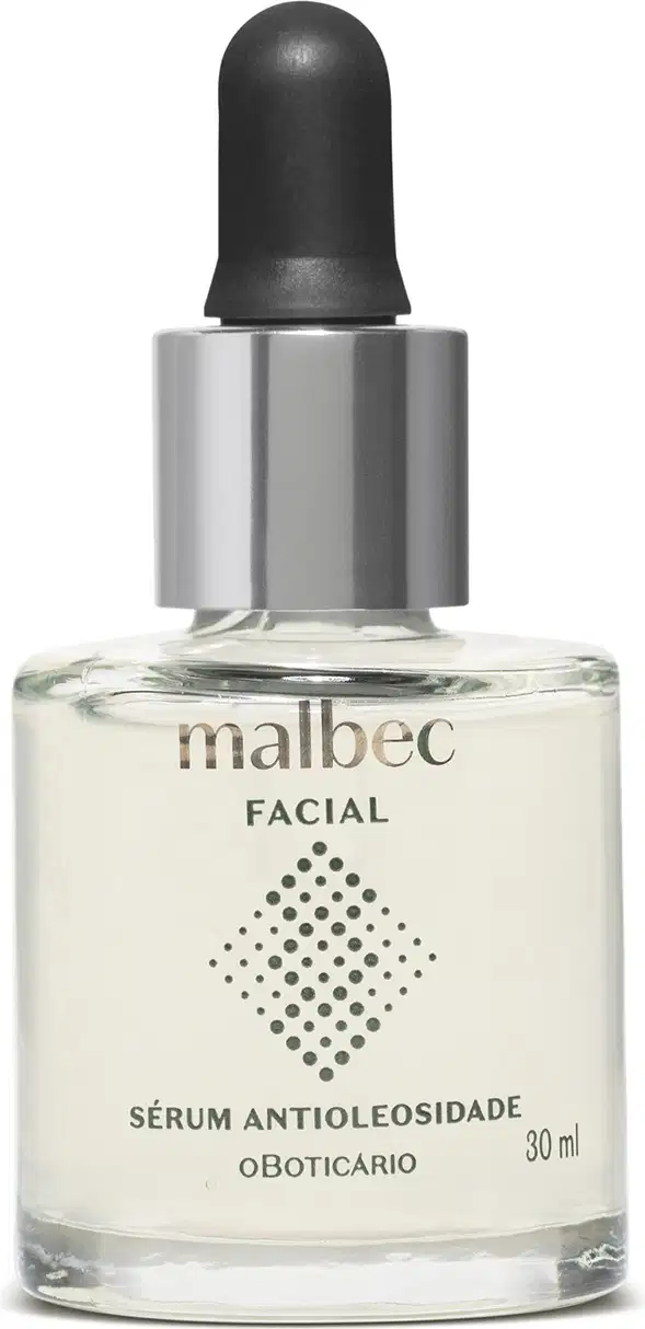 Frasco com líquido transparente, tampa prateada, conta-gotas preto e rótulo prateado contendo 30ml de sérum antioleosidade Malbec Facial.

