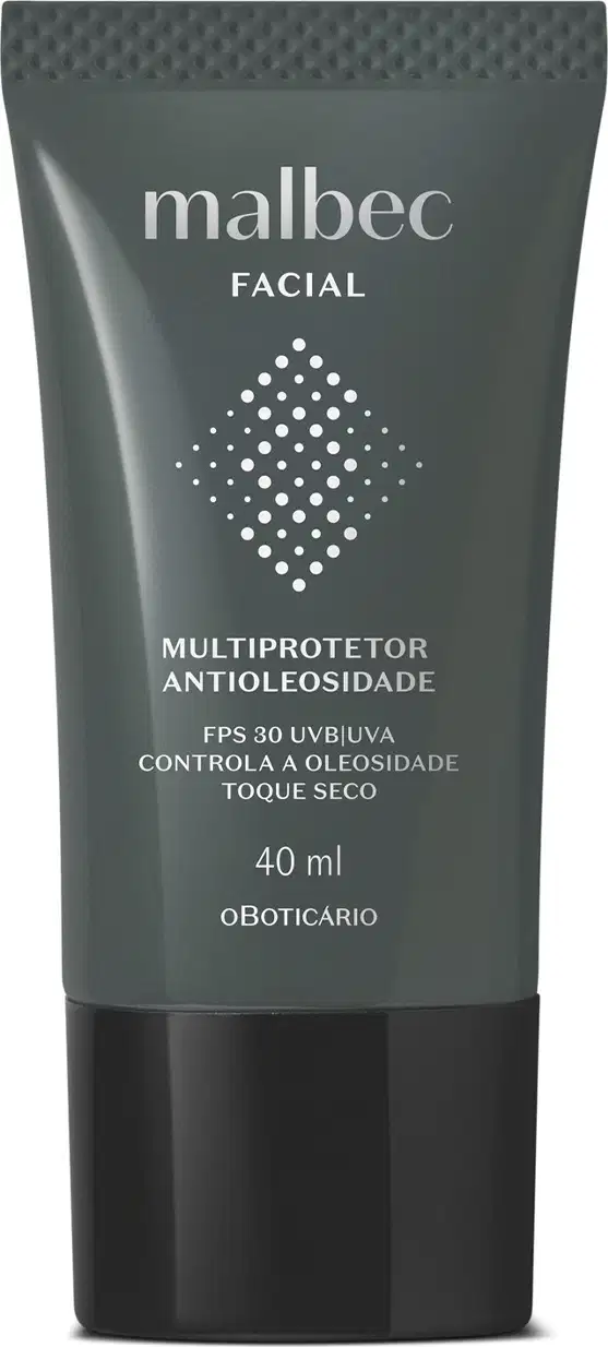 Frasco cinza escuro com tampa preta e letras na cor cinza claro e branco contendo 40ml de multiprotetor antioleosidade FPS30 Malbec Facial.