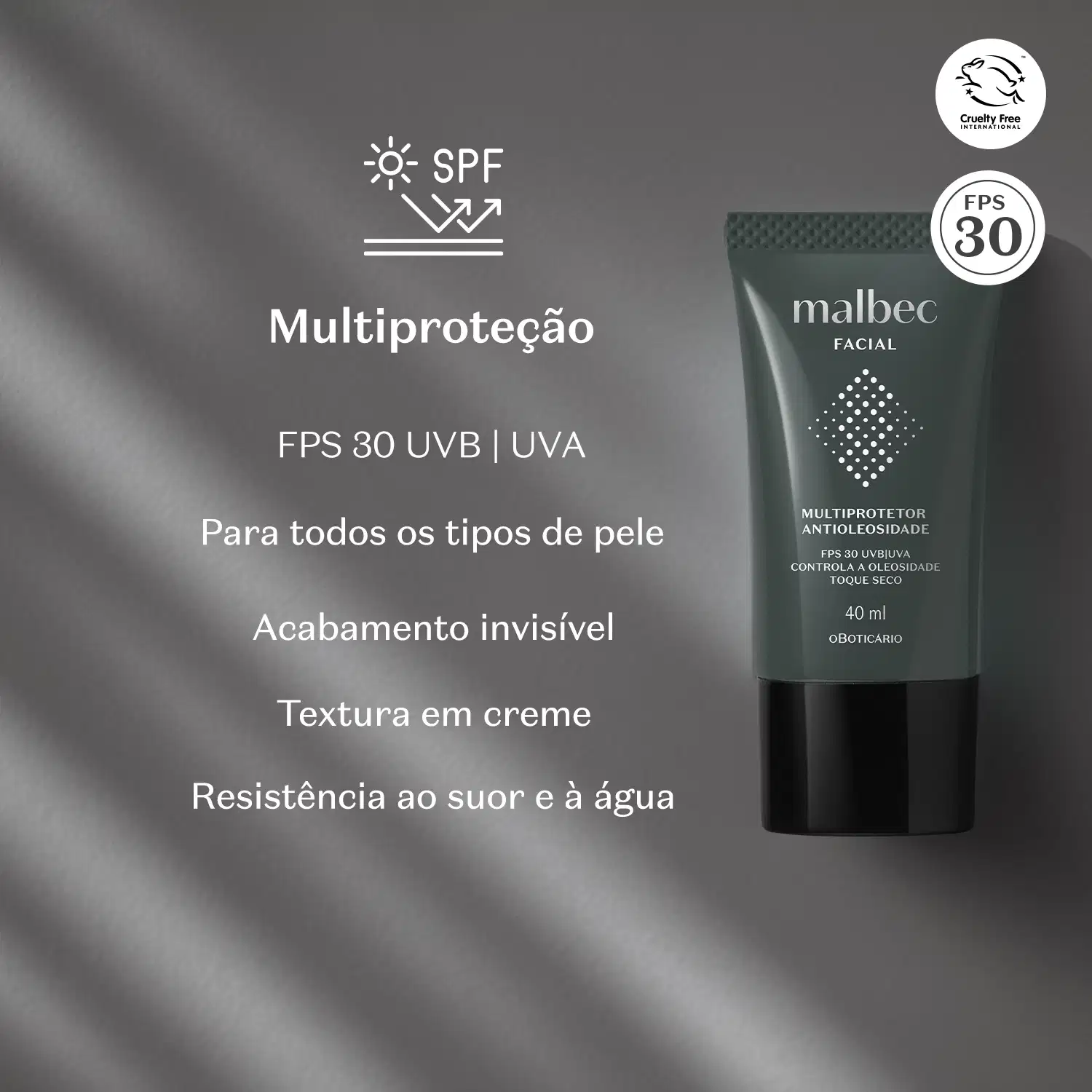 Frasco cinza escuro com tampa preta e letras na cor cinza claro e branco contendo [multiprotetor antioleosidade FPS30 Malbec Facial. Está em fundo cinza  com letras brancas informando os benefícios do produto.