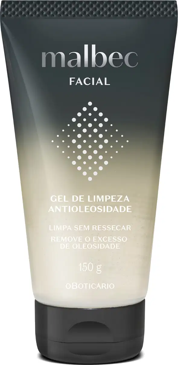 Frasco com degradê de preto e branco com tampa preta e rótulo com letras e detalhes brancos contendo 150g de gel de limpeza antioleosidade Malbec Facial.