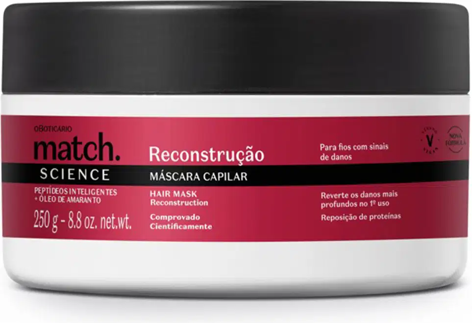 Pote branco com tampa preta e rótulo nas cores vermelha metalizada, preto e branco, contendo 250g de máscara capilar Match Science Reconstrução.