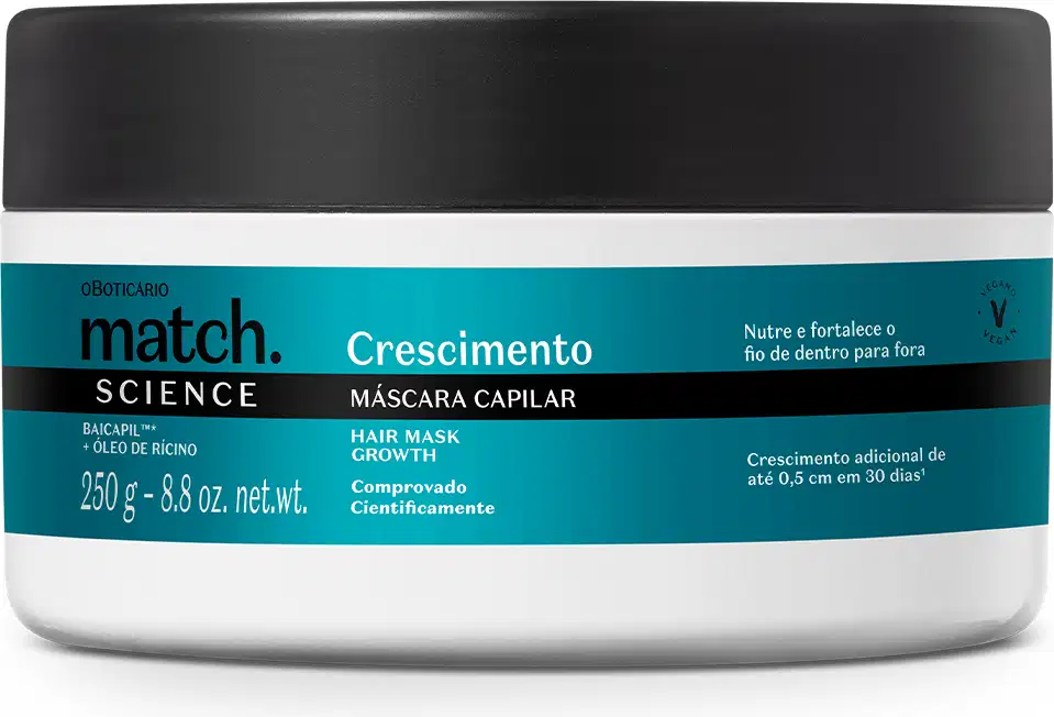 Pote branco com tampa preta e rótulo nas cores azul metalizado, preto e branco, contendo 250g de máscara capilar Match Science Crescimento.