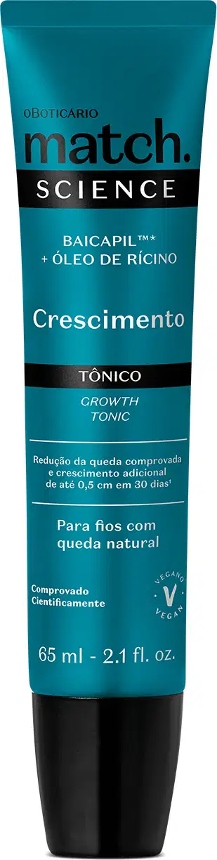 Bisnaga azul metalizado com tampa preta e rótulo com detalhes pretos e letras brancas contendo 65ml de tônico capilar Match Science Crescimento.