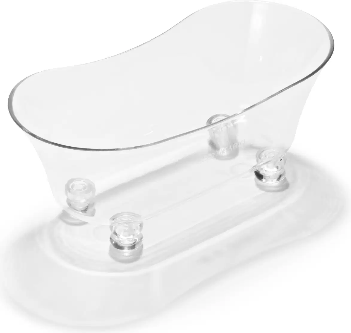 Banheira em acrílico branco em formato oval alongado com bordas arredondadas. Base retangular transparente com quatro pés arredondados. Superfície lisa e brilhante. Design minimalista e elegante, adequado para ambientes de spa e banheiros luxuosos.