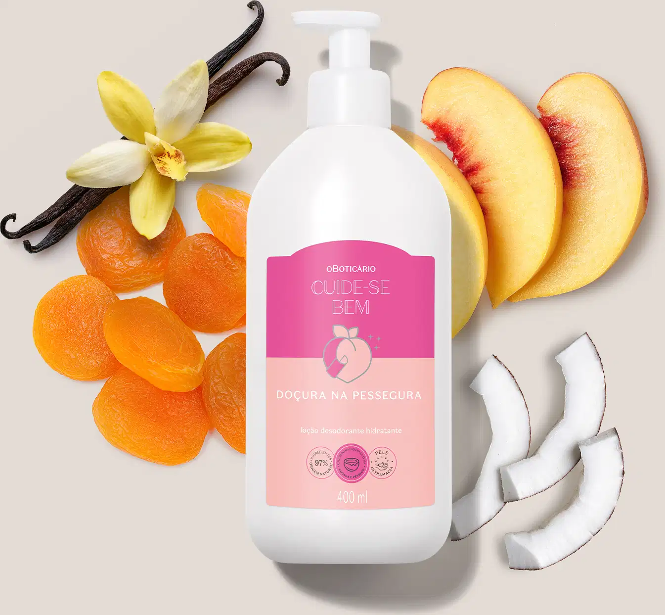 O produto apresentado é a loção Cuide-se Bem Doçura na Pessegura". Ao redor do frasco, há diversos ingredientes naturais, como uma flor de baunilha, fatias de pêssego e pedaços de coco.