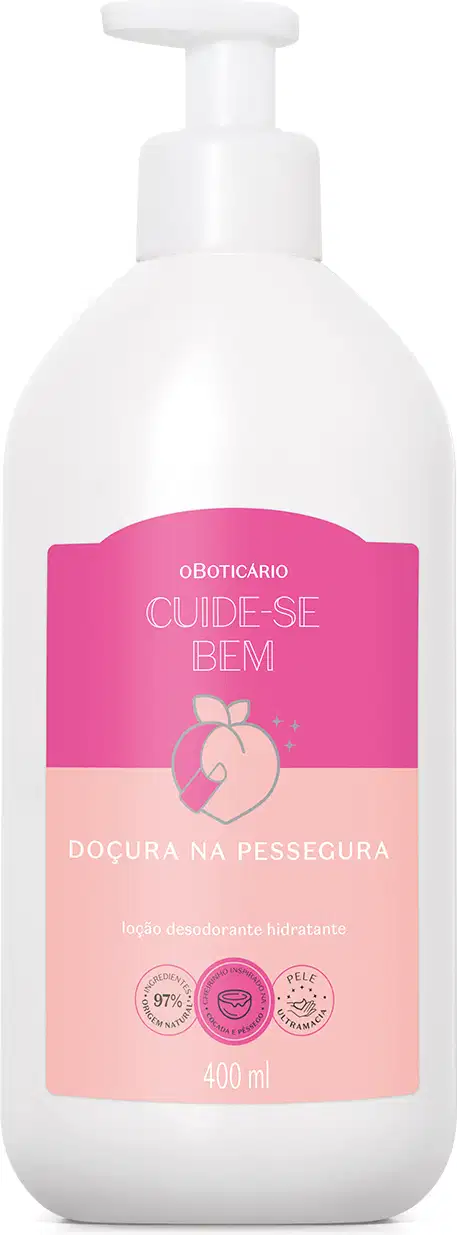 O produto apresentado é um frasco de 400 ml de um produto de cuidados pessoais da marca Cuide-se bem. O frasco é branco com um rótulo rosa destacando o nome "Doçura na Pessegura" e o texto "Loção desodorante hidratante".