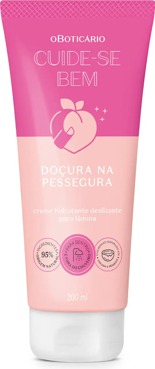 Bisnaga creme hidratante deslizante para a pele da marca Boticário, da linha Cuide-se Bem. A embalagem é bicolor de pink e rosa  contendo ilustração de pêssego, nome do produto "Doçura na Pessegura" e informações sobre sua composição e benefícios.
