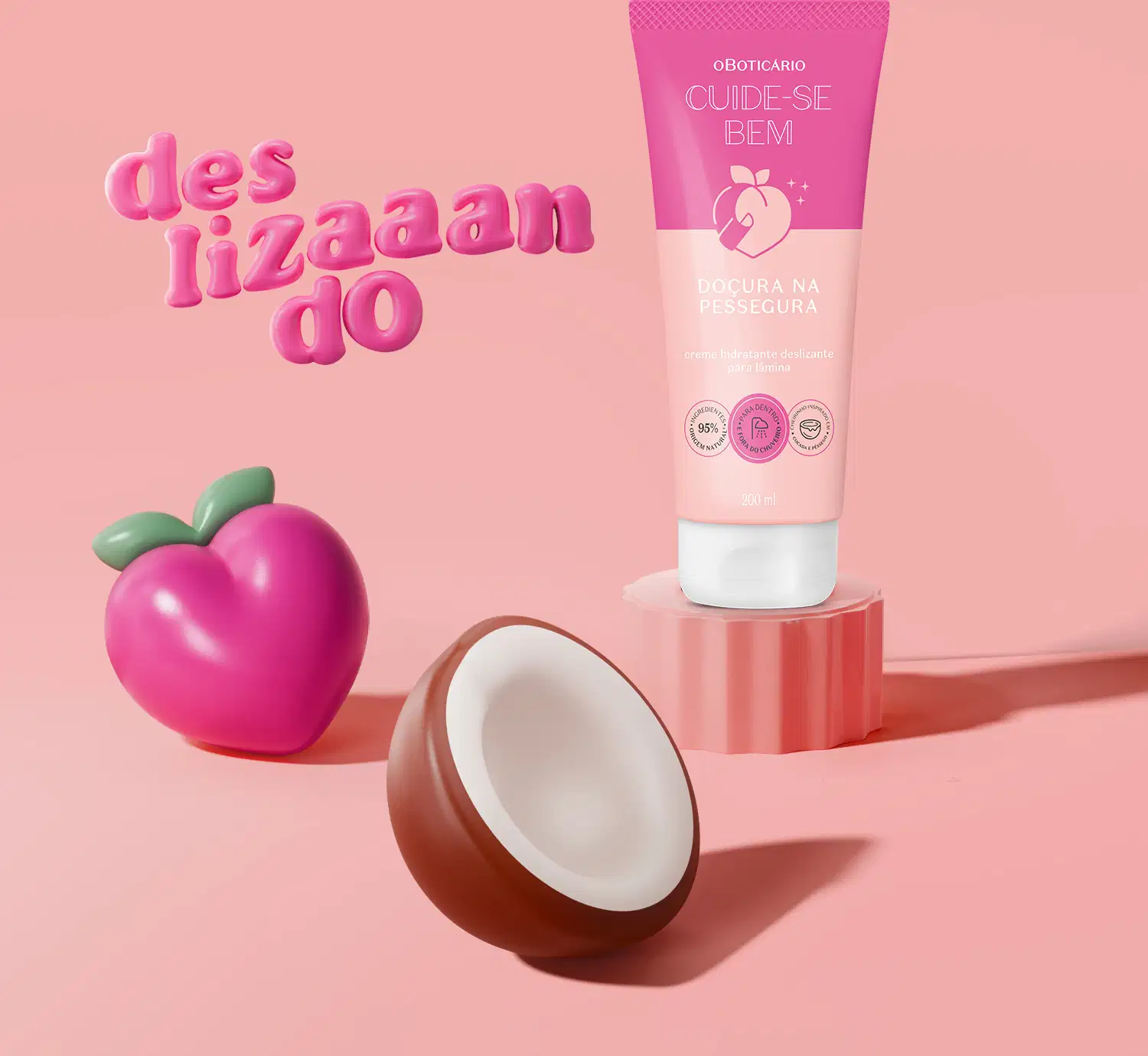 Ilustração de meio coco marrom com polpa branca e um pêssego rosa sobre fundo rosa com texto "Des lizaan do" e outras informações sobre cheirinho inspirado no sucesso Pessegura, para usar antes, durante e depois da depilação e pele lisinha por 5 dias.