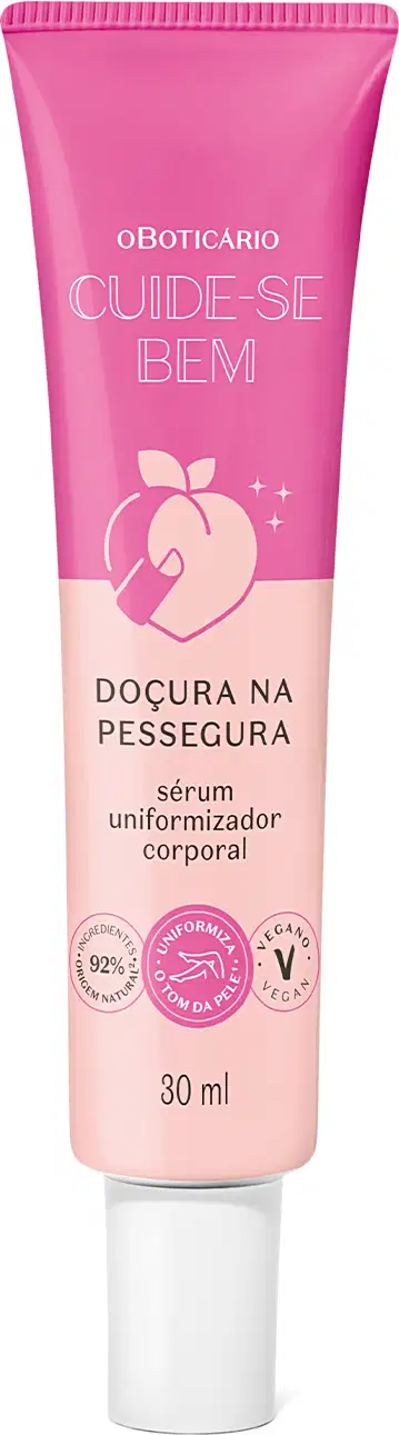 O produto apresentado é um sérum uniformizador corporal. A embalagem é um tubo de cor rosa com o nome da linha e do produto impresso. O produto é descrito como um sérum para a pele, com a promessa de uniformizar a aparência corporal.