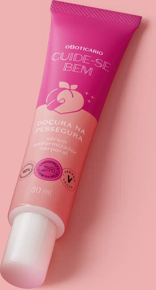 O produto apresentado é um tubo de creme da linha Cuide-se Bem Pessegura da marca O Boticário. O rótulo também indica que se trata de um "Sérum uniformizador" com a descrição "Doçura na pessegura"