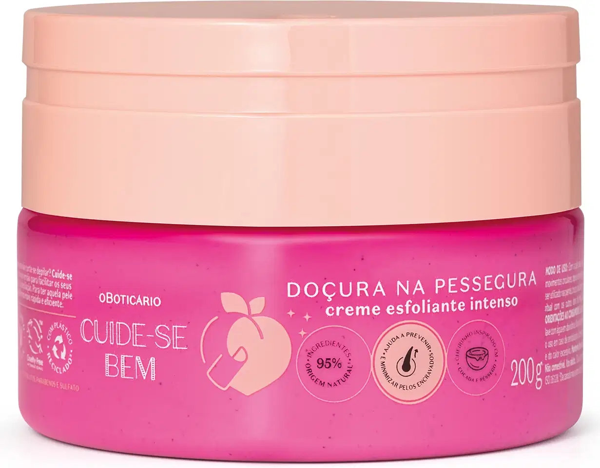 Pote pink com tampa rosa de creme esfoliante intenso da linha Cuide-se Bem Doçura na Pessegura, contendo 200g do produto. O rótulo destaca que o creme possui 95% de ingredientes de origem natural.