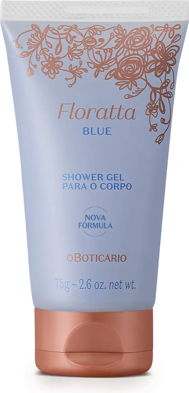 Imagem de frasco de gel de banho da marca Floratta Blue na cor azul, com tampa dourada e rótulo com informações sobre o produto e decoração floral em tom dourado