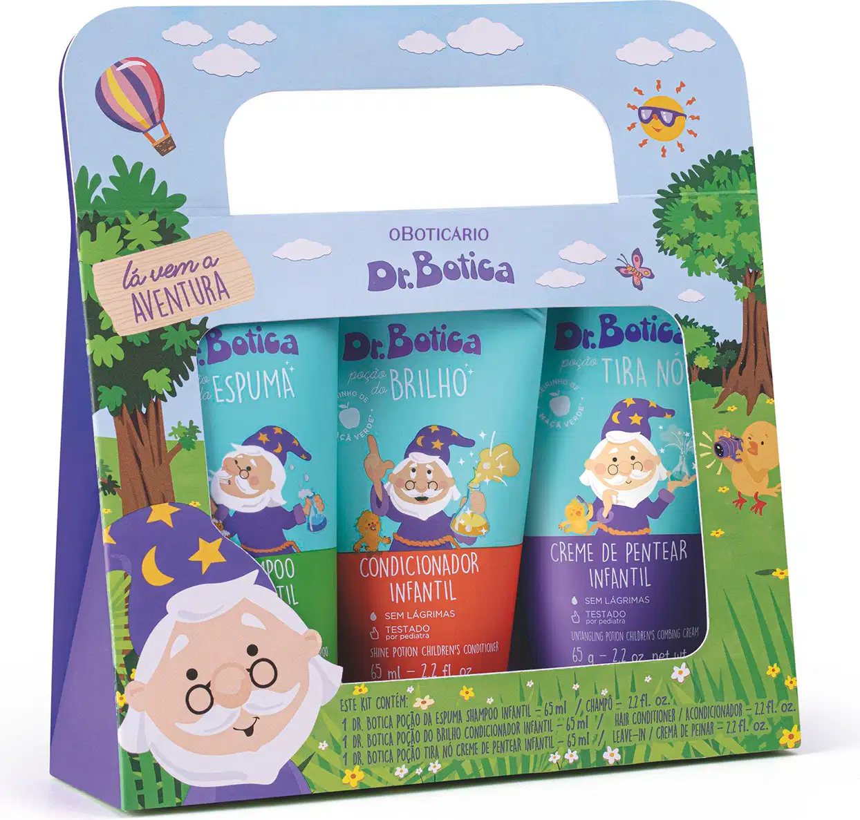 Caixa de papelão com três produtos infantis da marca Dr. Botica: shampoo, condicionador e creme de pentear, em embalagens azuis com ilustrações de personagens da marca e paisagem.