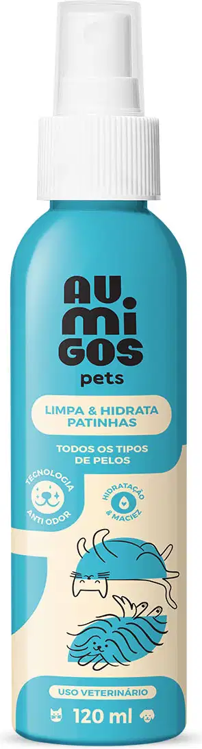Frasco em tons de azul e rosa com tampa spray branca e letras pretas contendo 120ml de limpa e hidrata patinhas da marca Au.Migos.