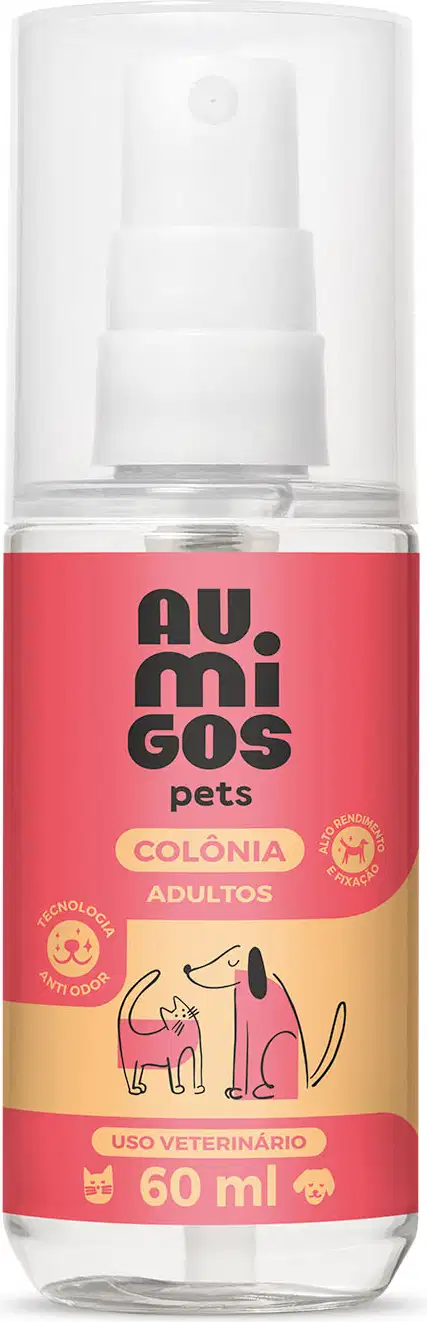 Frasco transparente com líquido claro, válvula spray branca, tampa transparente e rótulo laranja e rosa com ilustrações de um gato e de um cachorro contendo 60ml de colônia adultos da marca Au.Migos Pets.
