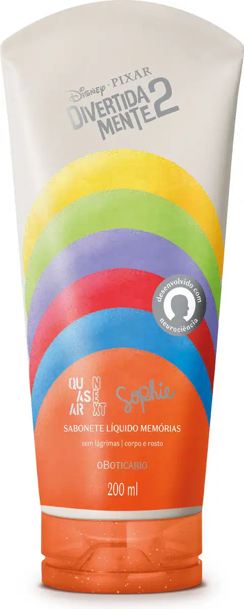 Sabonete líquido corporal Memórias Sophie Quasar Next Divertida Mente 2 o Boticário. Embalagem de 200ml na cor laranja com arco-íris colorido de faixas amarela, verde, roxa, vermelha, azul e laranja.