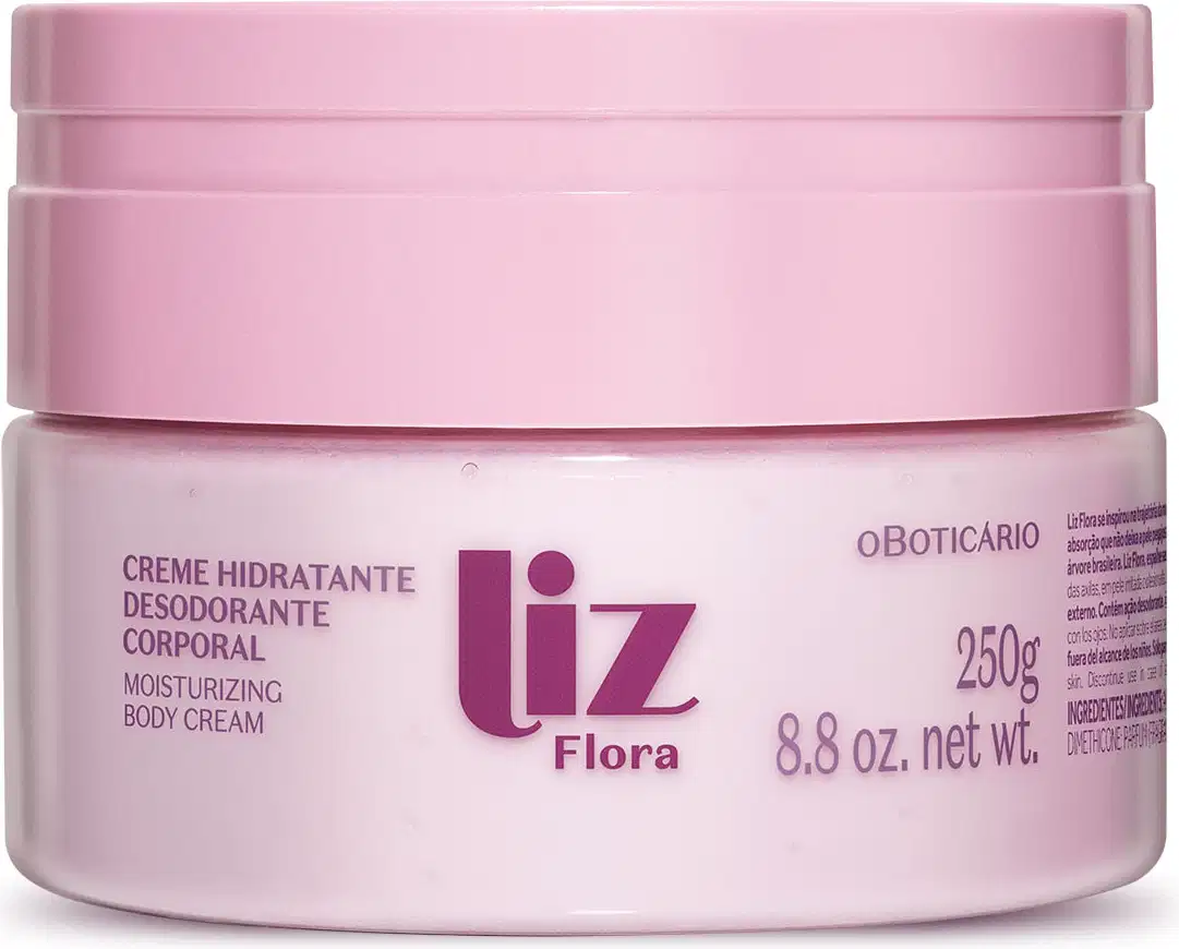 Pote rosa claro com tampa rosa e letras vinho contendo 250g de creme hidratante corporal Liz Flora.