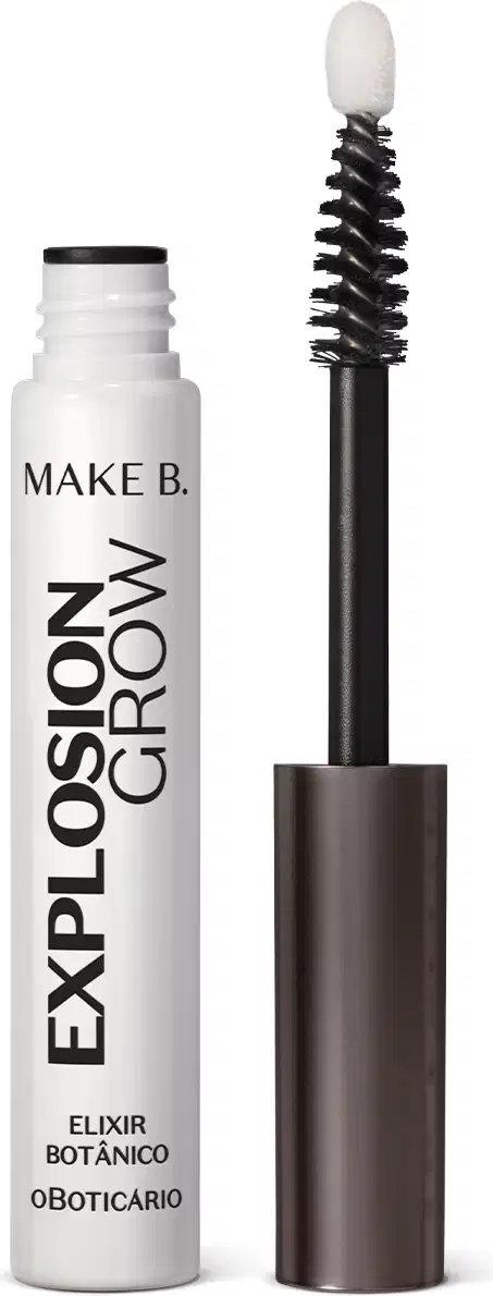 Frasco branco com tampa, haste, aplicador e letras, tudo na cor preta, contendo 5g de sérum para cílios e sobrancelhas Explosion Grow da marca Make B.
