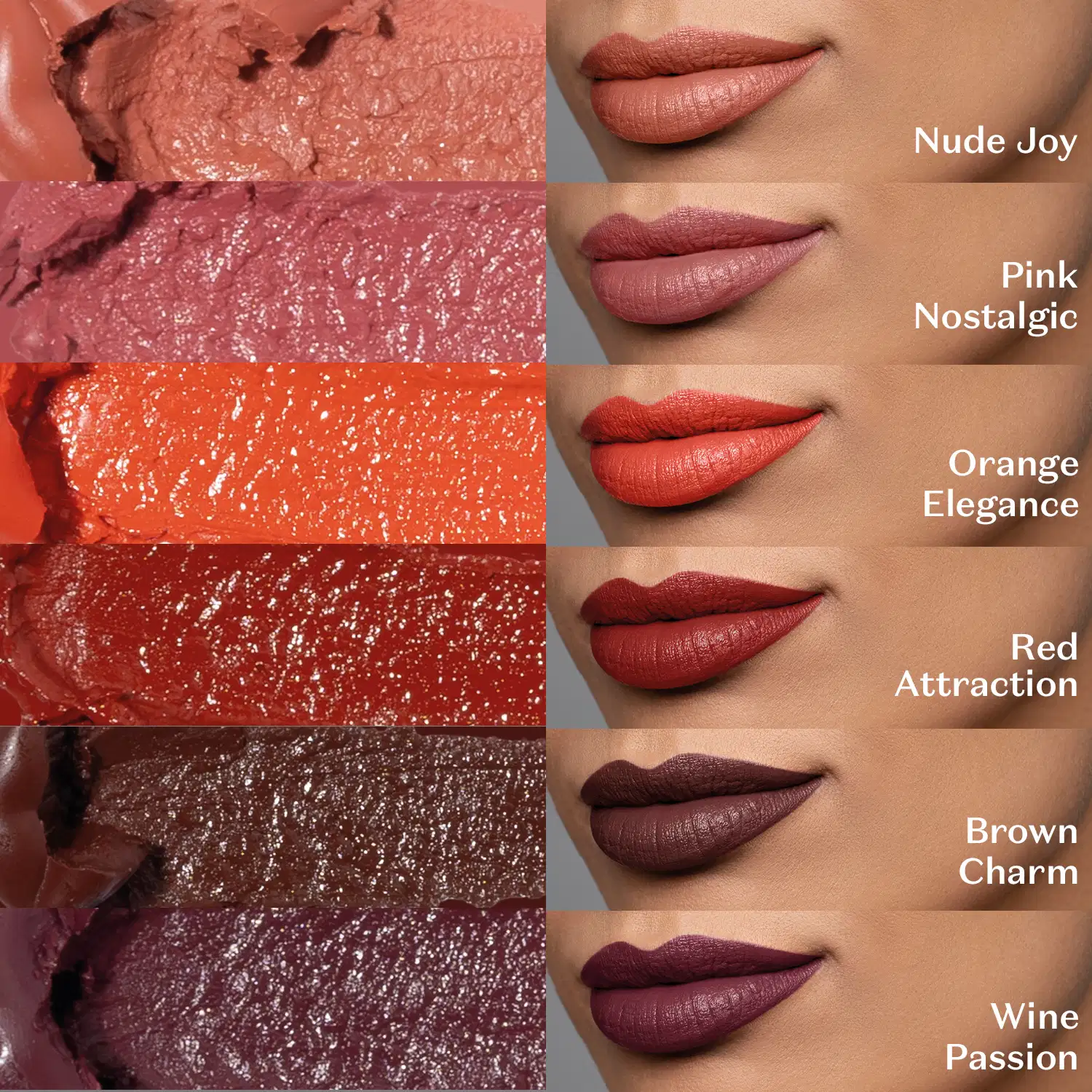 Imagem de uma paleta de batons em diferentes tons de rosa, vermelho e marrom, com os nomes das cores escritos ao lado de cada amostra. Ao lado, uma série de lábios com os batons aplicados, mostrando a aparência de cada cor.