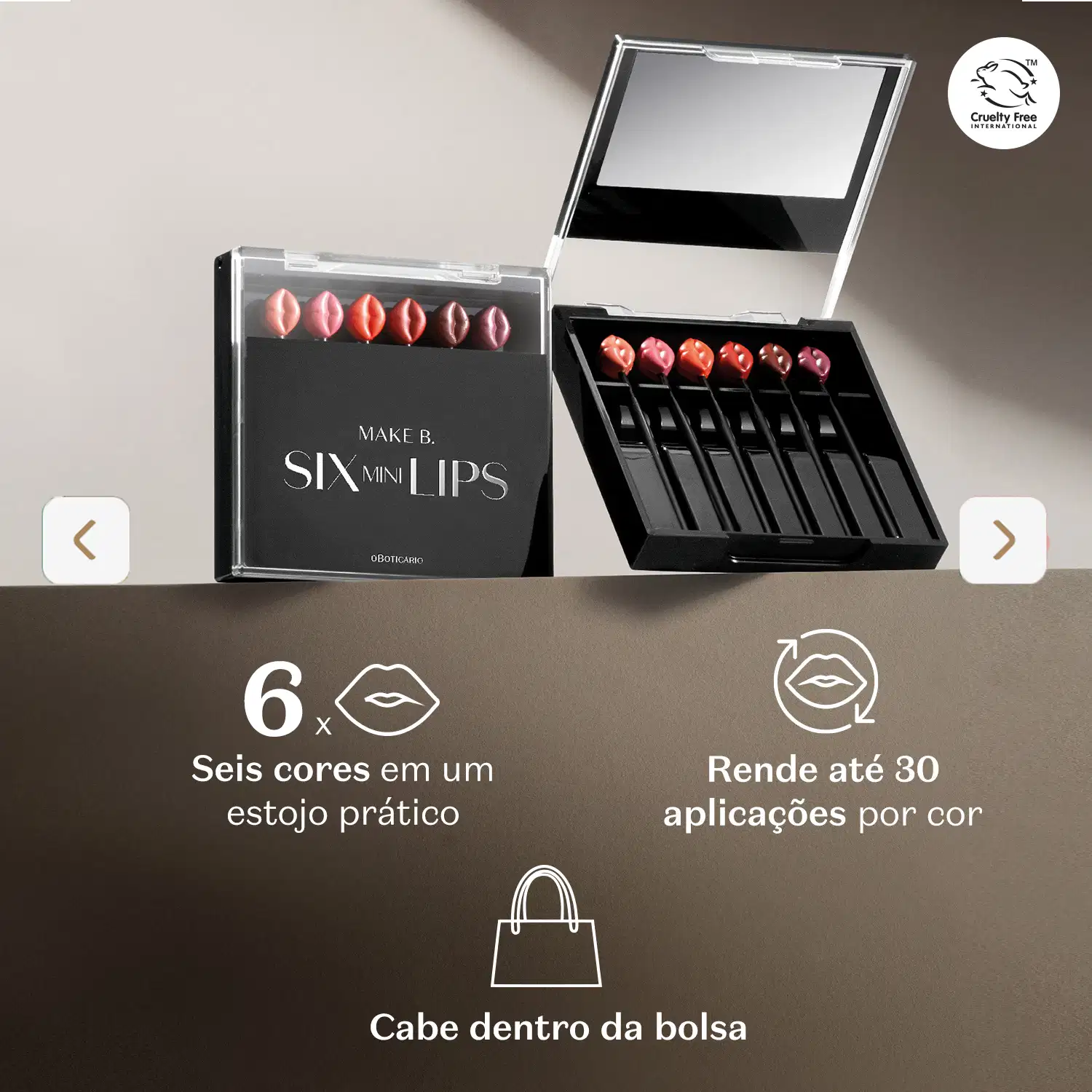 Duas embalagens pretas do estojo de mini batons Six Mini Lips Make B. em fundo cinza. Abaixo, letras brancas apresentam os benefícios do produto.