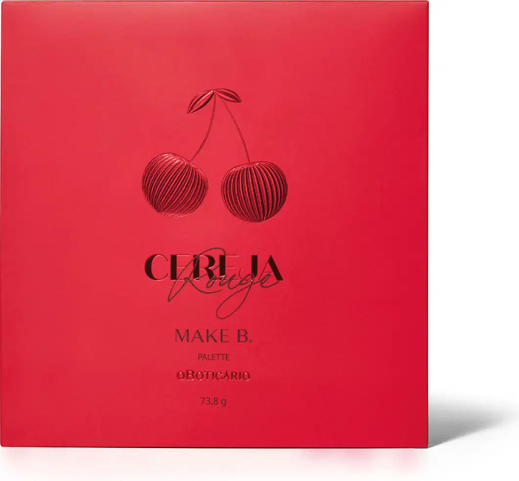 Estojo fechado da Paleta de maquiagem multifuncional Make B. Cereja Rouge em tom de rosa com cerejas ilustradas.