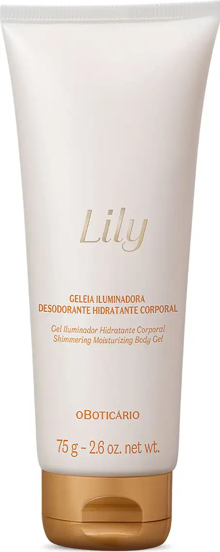 Frasco branco com letras e tampa em dourado contendo 75g de geleia iluminadora hidratante corporal da marca Lily.