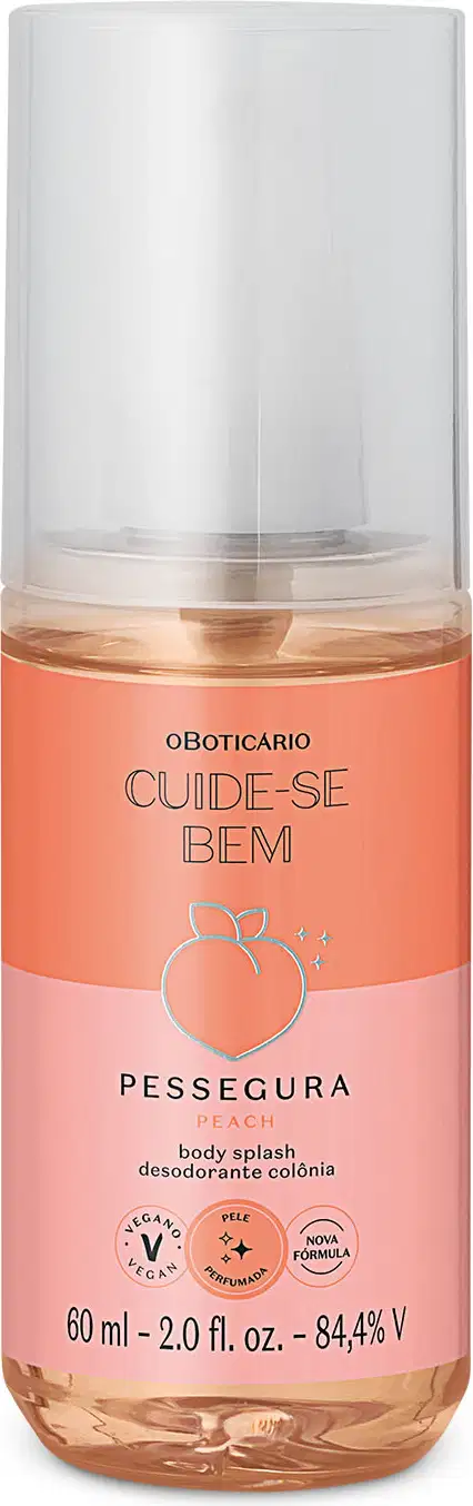 Frasco transparente com líquido rosa, tampa branca e rótulo em tons de rosa com pêssego ilustrando contendo 60ml de body splash Cuide-se Bem Pessegura.
