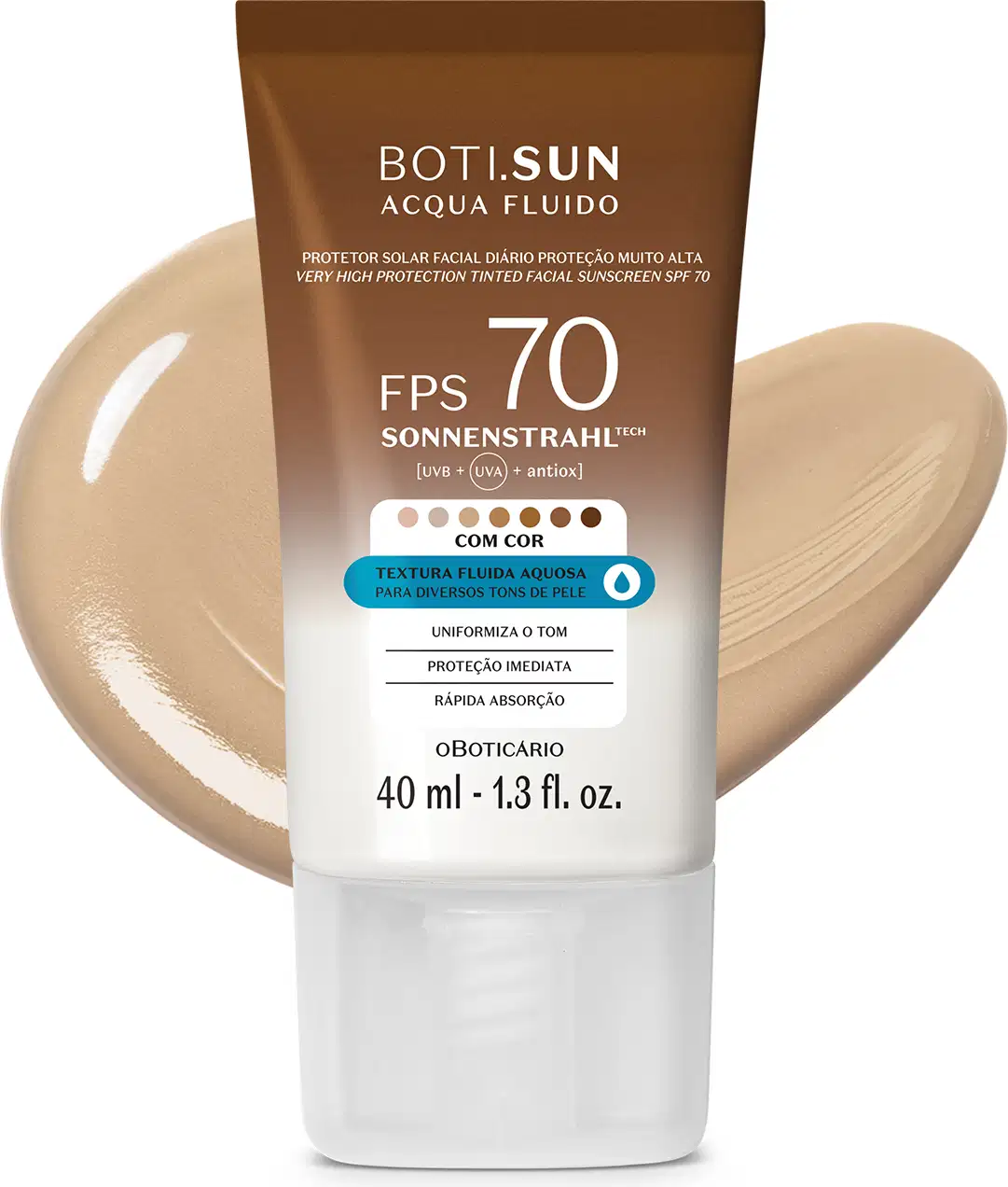 Frasco de 40ml de protetor solar facial com cor 2.0 FPS 70 Boti.Sun em embalagem marrom e branca e rótulo com letras brancas contendo informações sobre o produto. Ele está à frente de uma quantidade do produto mostrando textura e tonalidade bege médio.