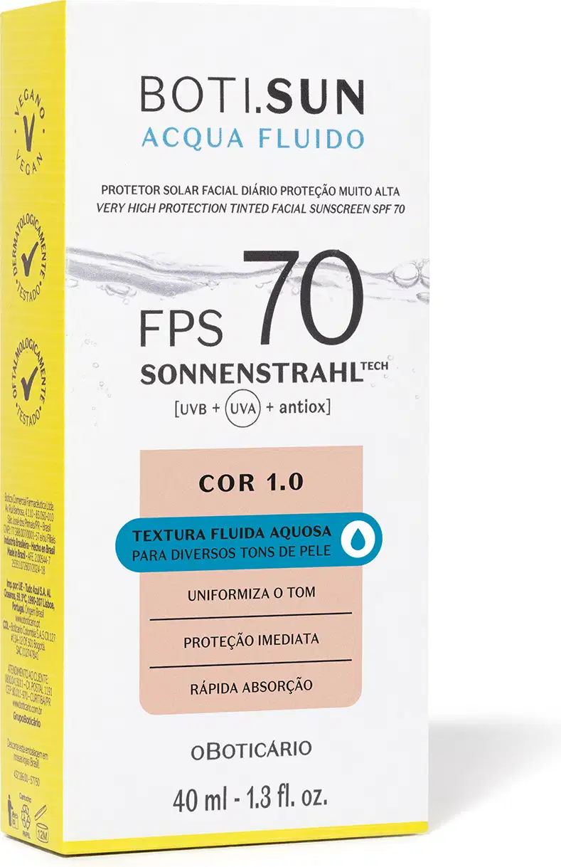 Caixa branca e amarela com detalhes em marrom e azul e letras pretas contendo um protetor solar facial com cor 7.0 FPS 70 Boti.Sun.