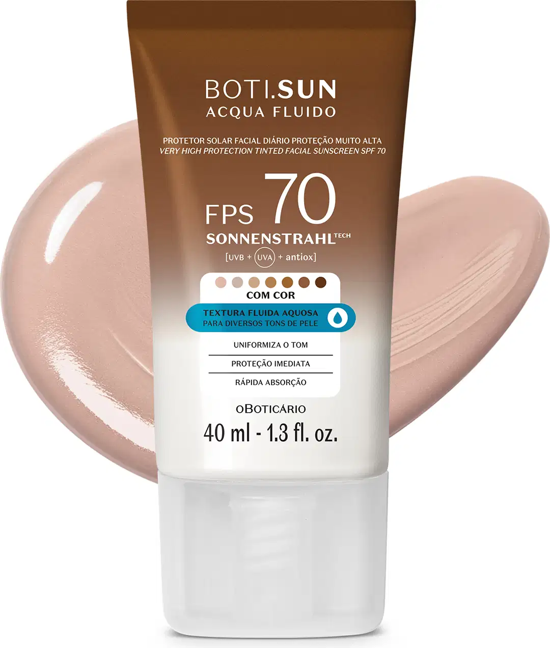Frasco de 40ml de protetor solar facial com cor 1.0 FPS 70 Boti.Sun em embalagem marrom e branca e rótulo com letras brancas contendo informações sobre o produto. Ele está à frente de uma quantidade do produto mostrando textura e tonalidade bege claro.