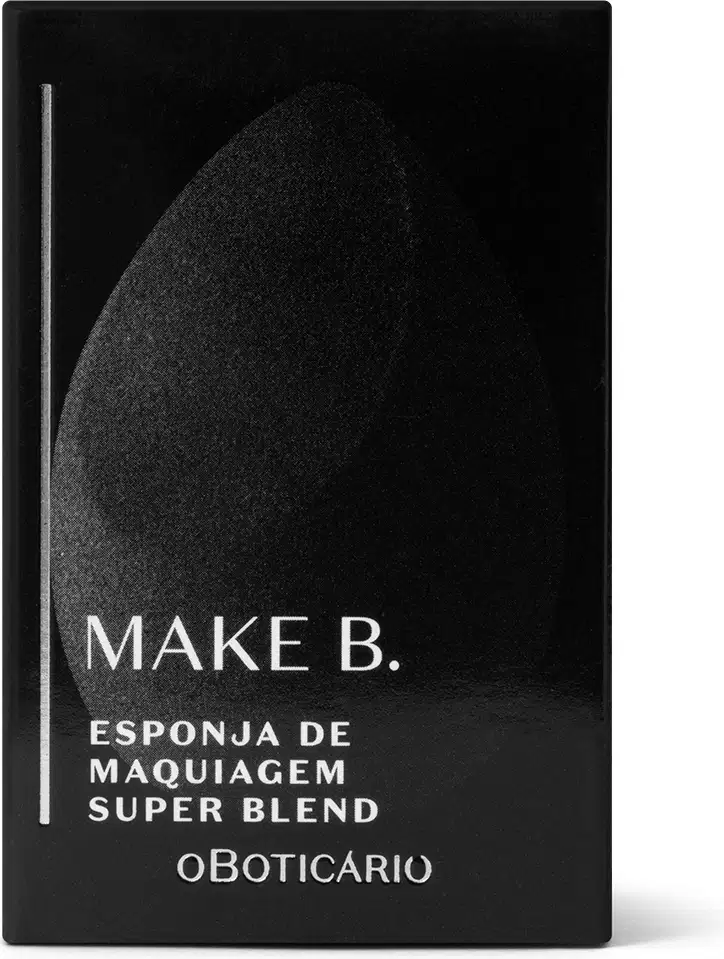 Caixa preta com letras brancas contendo uma esponja de maquiagem Make B. Super Blend na cor preta.