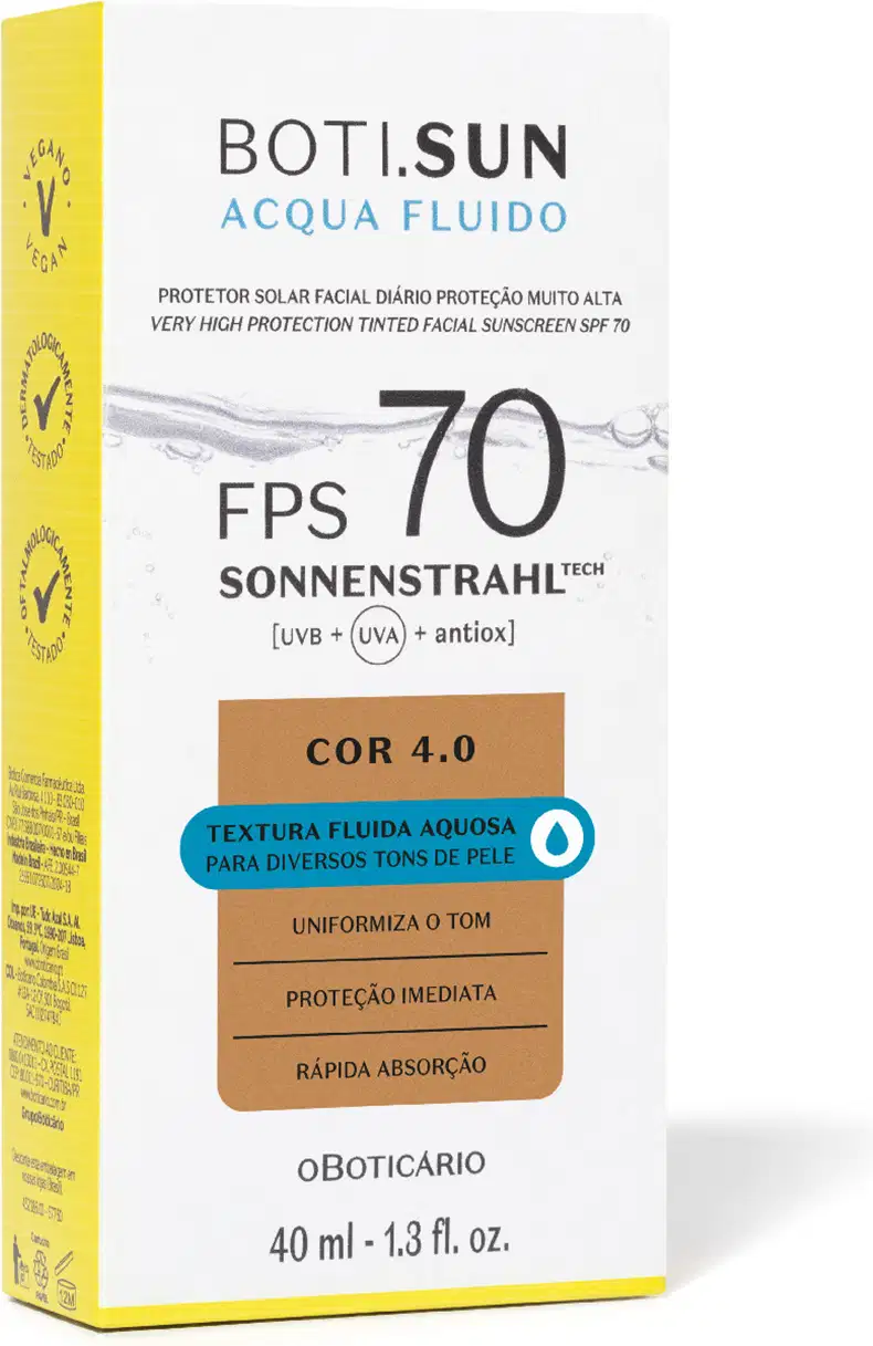 Caixa branca e amarela com detalhes em marrom e azul e letras pretas contendo um protetor solar facial com cor 7.0 FPS 70 Boti.Sun.