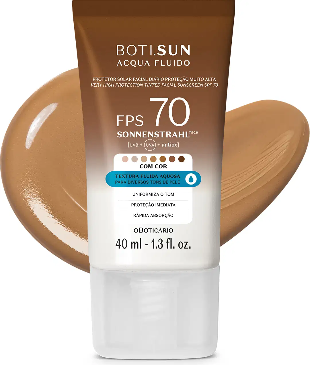 Frasco de 40ml de protetor solar facial com cor 4.0 FPS 70 Boti.Sun em embalagem marrom e branca e rótulo com letras brancas contendo informações sobre o produto. Ele está à frente de uma quantidade do produto mostrando textura e tonalidade bege escuro.