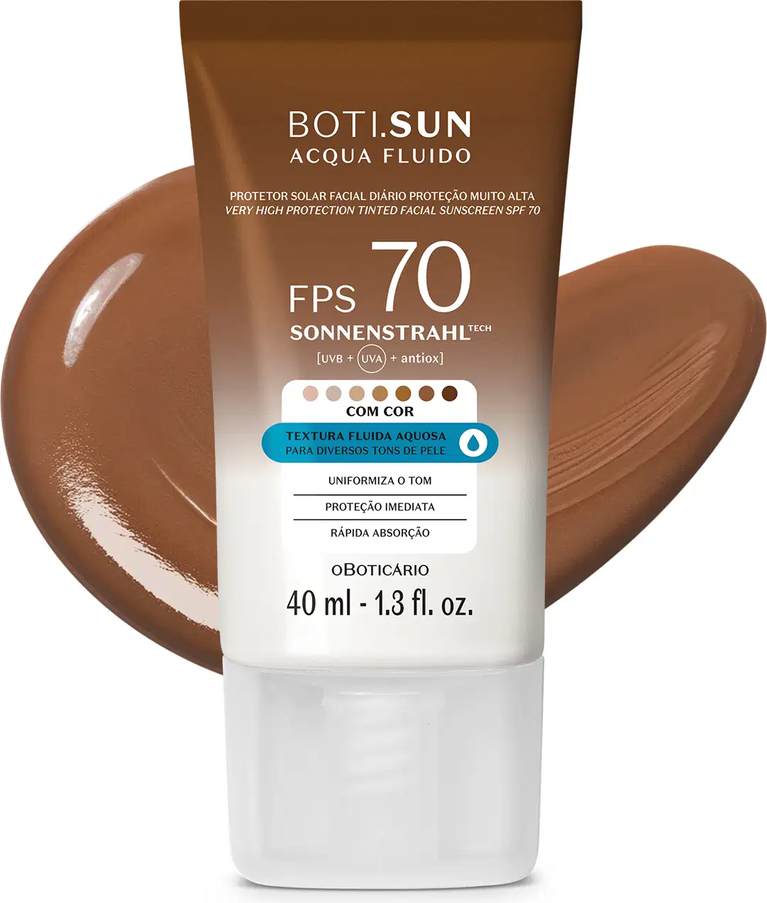 Frasco de 40ml de protetor solar facial com cor6.0 FPS 70 Boti.Sun em embalagem marrom e branca e rótulo com letras brancas contendo informações sobre o produto. Ele está à frente de uma quantidade do produto mostrando textura e tonalidade marrom.