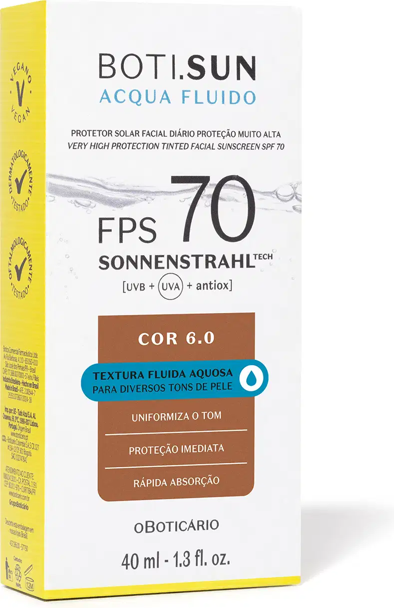 Caixa branca e amarela com detalhes em marrom e azul e letras pretas contendo um protetor solar facial com cor 7.0 FPS 70 Boti.Sun.