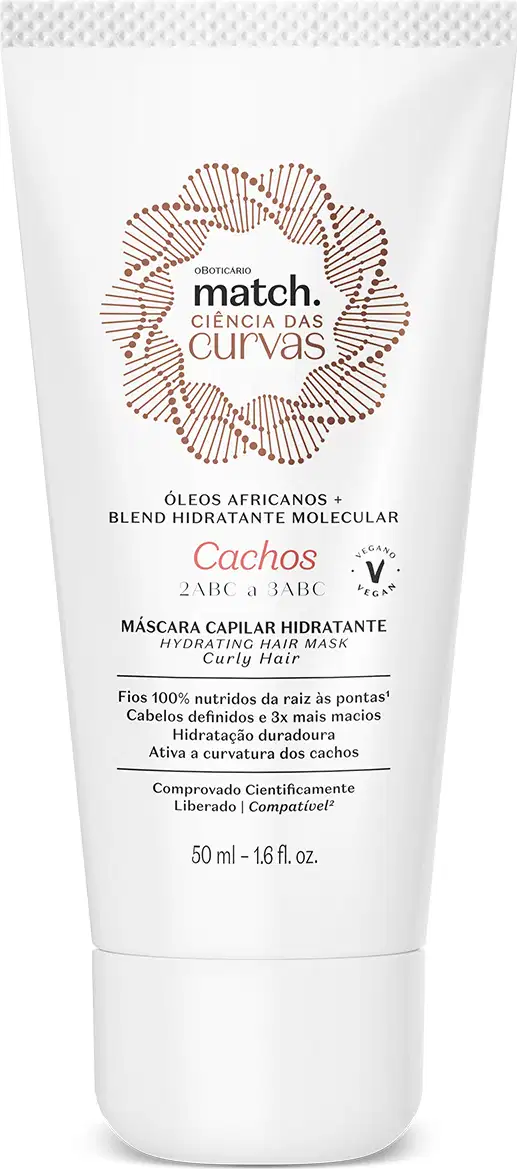 Imagem de uma bisnaga branca com rótulo nas cores marrom e preto, contendo 50ml de máscara capilar hidratante da marca Match. Ciência das Curvas Crespos.
