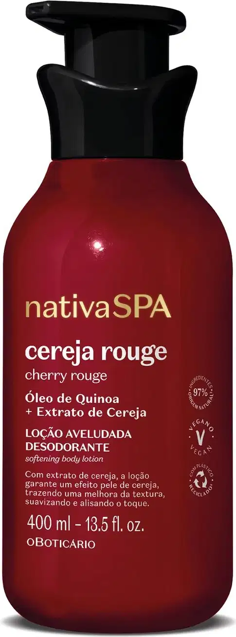 Frasco vermelho escuro com tampa dosadora preta e letras douradas e brancas contendo 400ml de loção aveludada corporal da marca Nativa SPA Cereja Rouge.