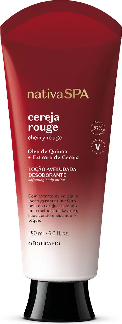 Bisnaga com degradê de vermelho escuro e branco, letras douradas e brancas com tampa preta contendo 180ml de loção aveludada corporal Nativa SPA Cereja Rouge.
