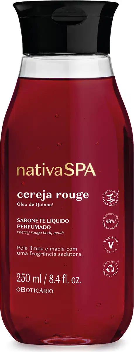 Frasco transparente com liquido vermelho escuro, tampa preta e rótulo em letras brancas e douradas contendo 250ml de sabonete líquido da arca Nativa SPA Cereja Rouge.