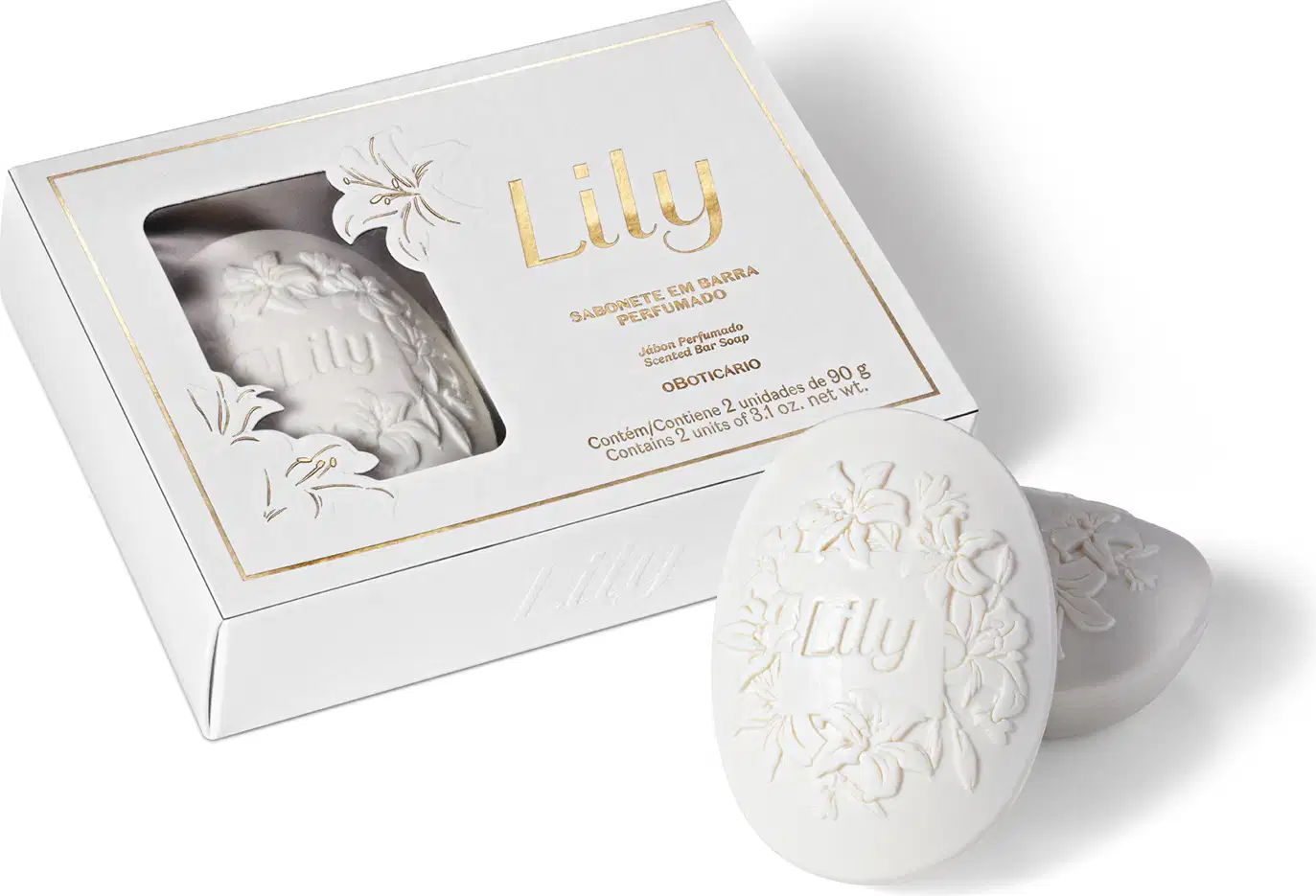 Produto de sabonete em barra perfumado Lily. Embalagem retangular branca com detalhes dourados e impressão floral em relevo. Contém uma barra de sabonete cinza esculpida com o nome "Lily" e motivos florais em relevo.