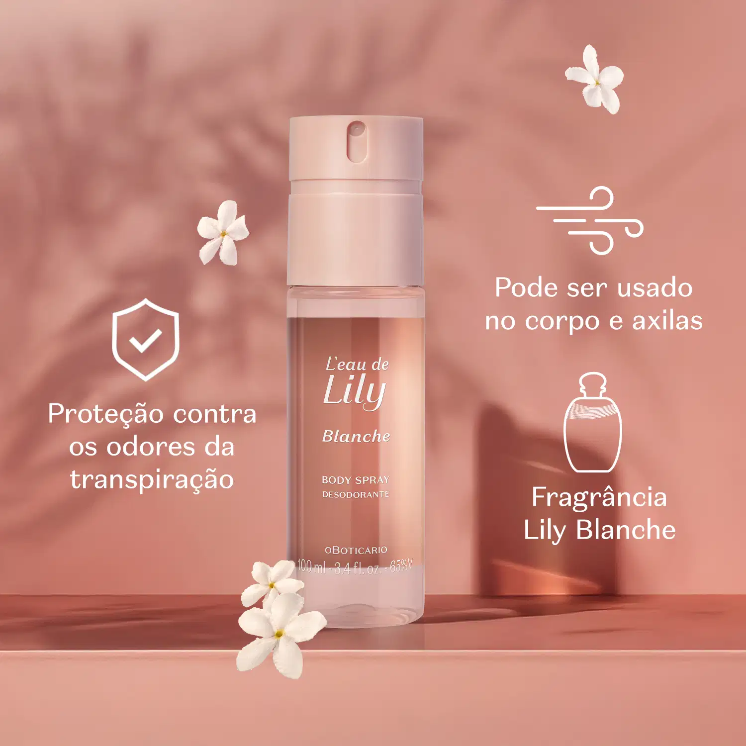 Frasco em tons de rosa de body spray L'eau de Lily em cenário rosa com sombras de folhagens e texto em branco informando os benefícios do produto.