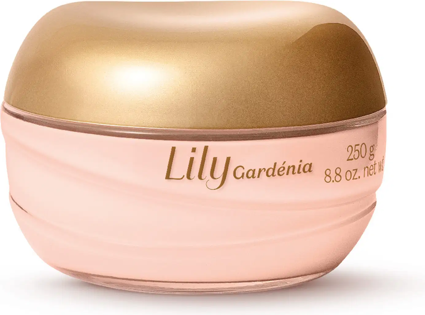 Creme acetinado corporal Lily Gardénia. Embalagem em formato de pote redondo com tampa dourada brilhante. Corpo do pote na cor rosa claro. Rótulo na parte inferior com o nome do produto "Lily Gardénia". Aparência elegante e sofisticada.